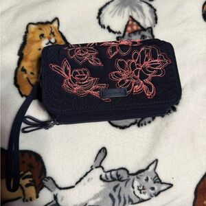 Vera Bradley Navy Wristlet Wallet with Pink Floral Embroidery